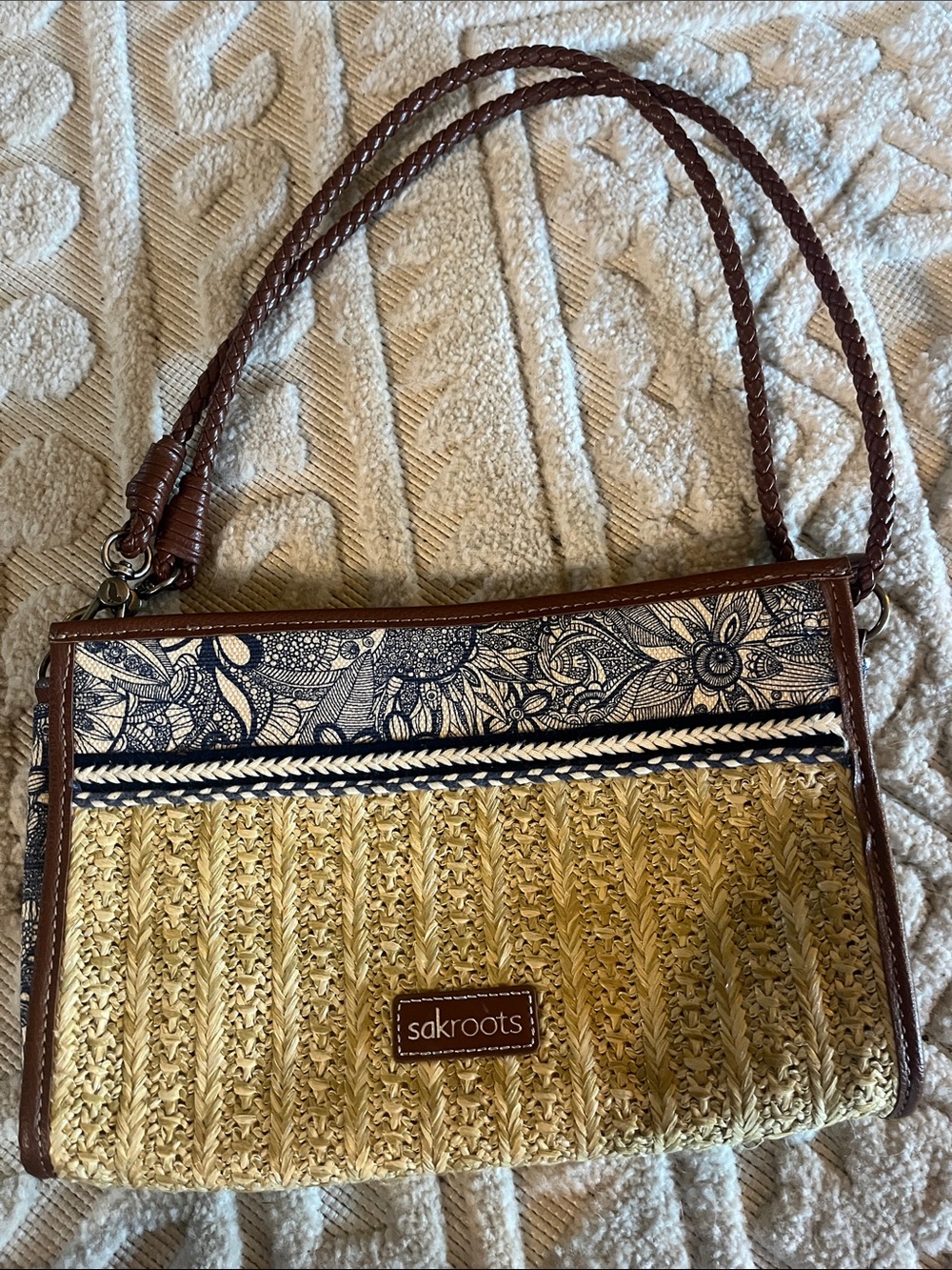 Sakroots Straw & Floral Panel Crossbody in Brown and Navy
